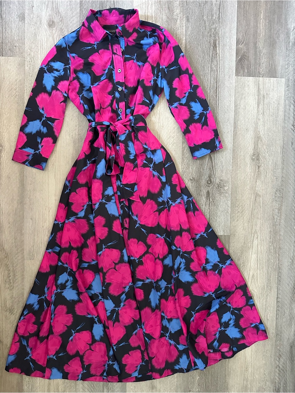 Banana Republic Black Maxi Shirt Dress with Hot Pink & Blue Floral Print